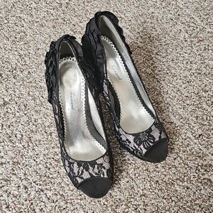 Lulu Townsend Black Lace Peep-Toe Heels with Side Floral Rosette